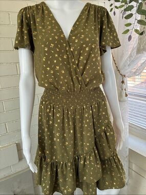 Michael Kors Olive Mini Dress with Metallic Gold Floral